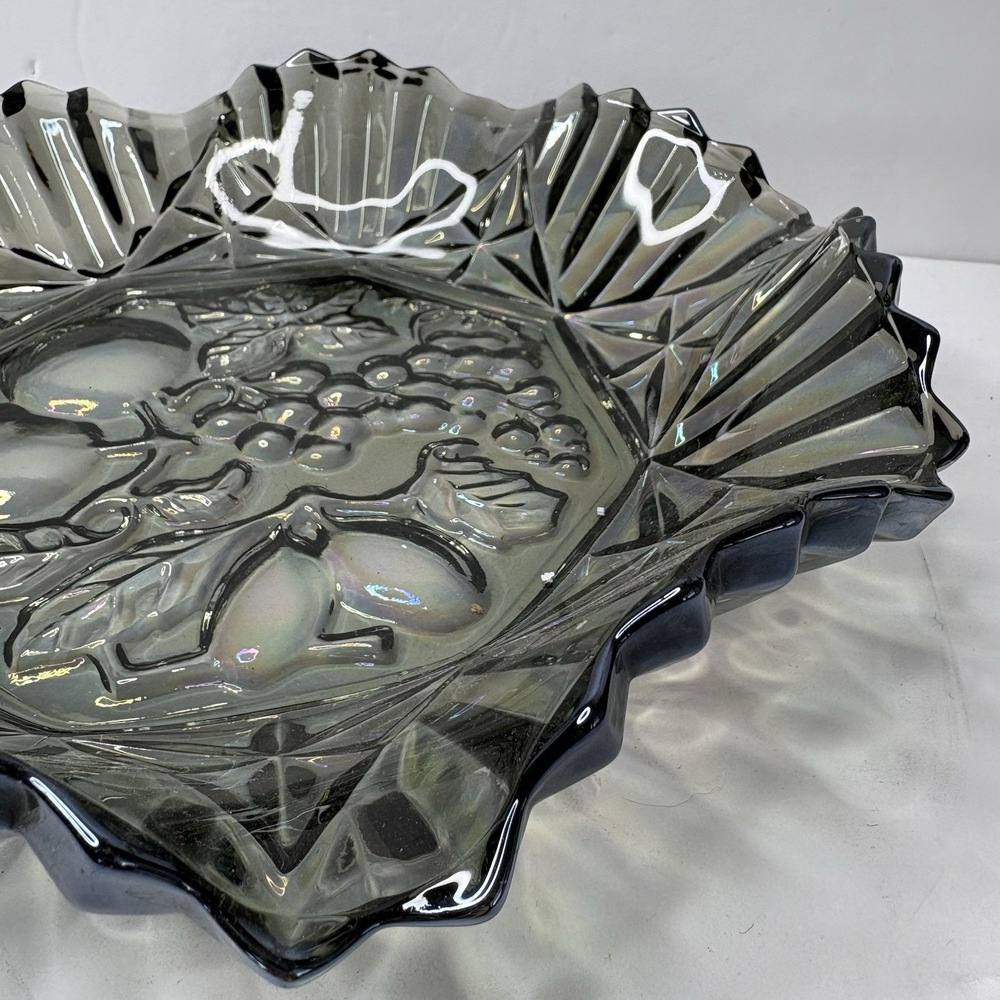 Indiana‎ Glass Harvest Grape Black Iridescent Carnival Glass Ruffled Bowl 11.5"